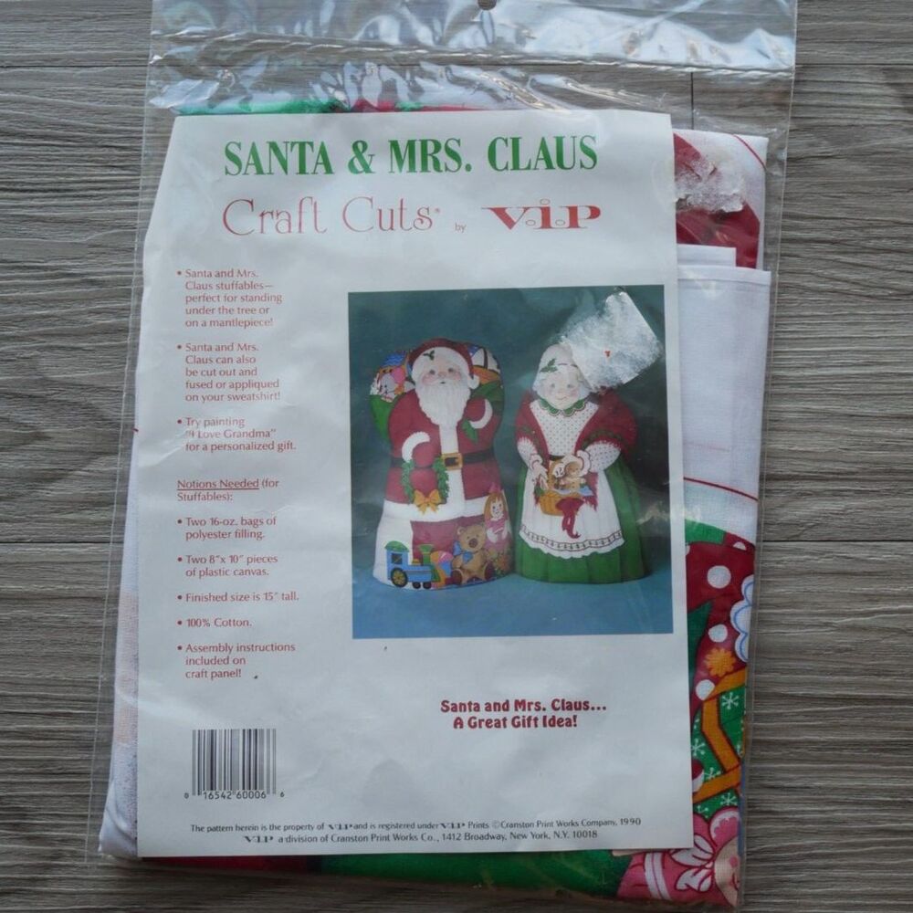 Vintage Santa Mrs Claus Stuffed Doll Fabric Panel Craft Kit VIP 1990